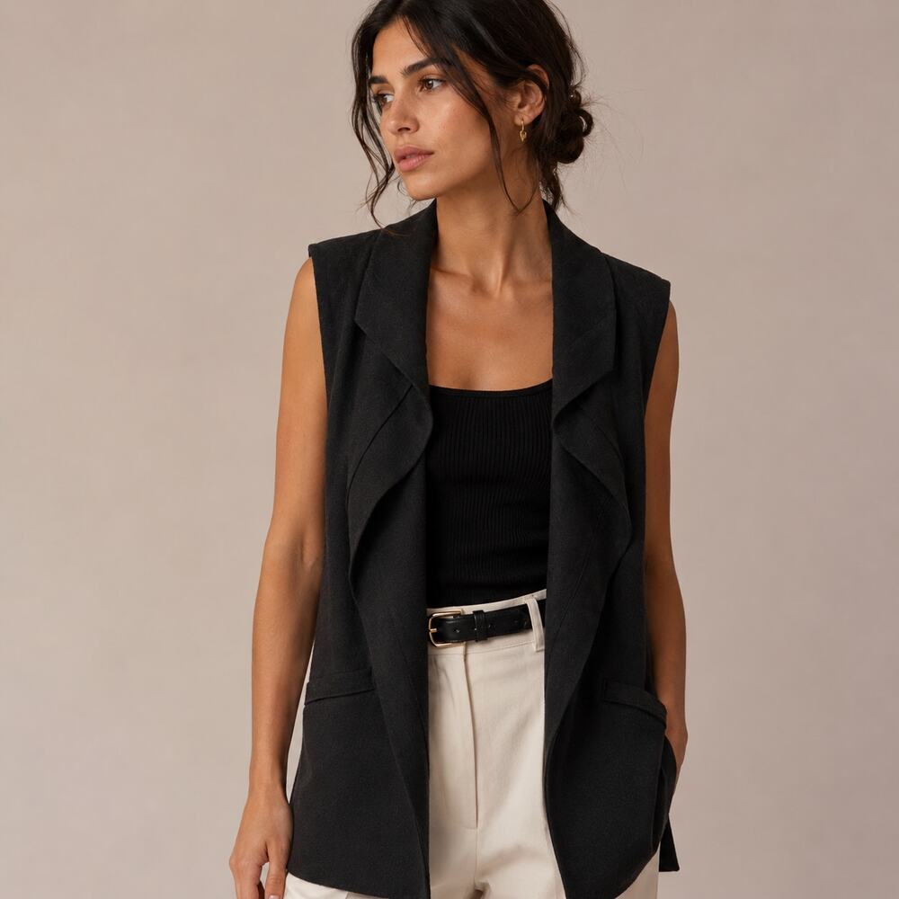 Eileen Fisher Boiled Wool Vest Womens PM Petite Black Open Shawl Collar Pockets
